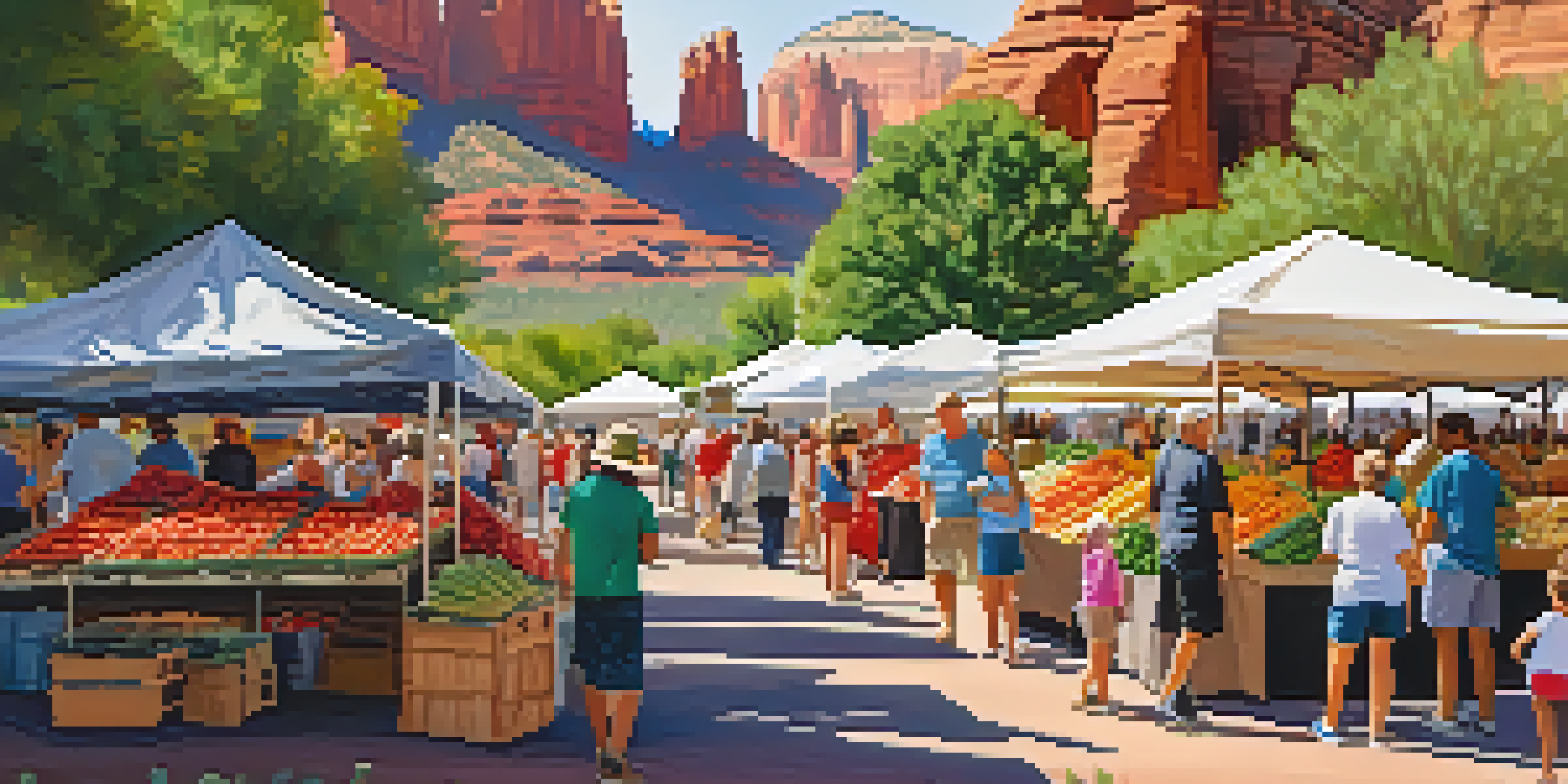 A bustling farmers' market in Sedona with colorful produce stalls and red rock formations in the background, featuring families and vendors.