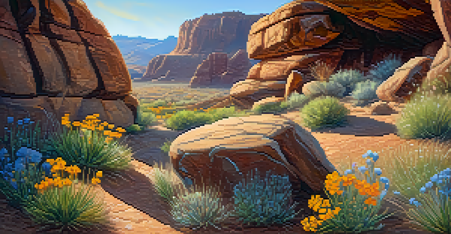 Detailed petroglyphs on ancient rocks, framed by colorful wildflowers in a desert landscape.