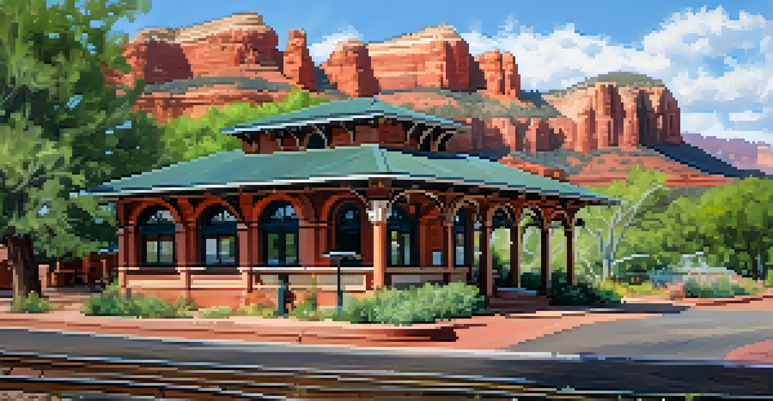 A historic train station in Sedona surrounded by greenery and wildflowers, with red rocks in the background.