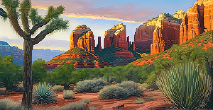 A breathtaking view of Cathedral Rock in Sedona, illuminated by sunrise colors, with a rocky trail and desert plants in the foreground.