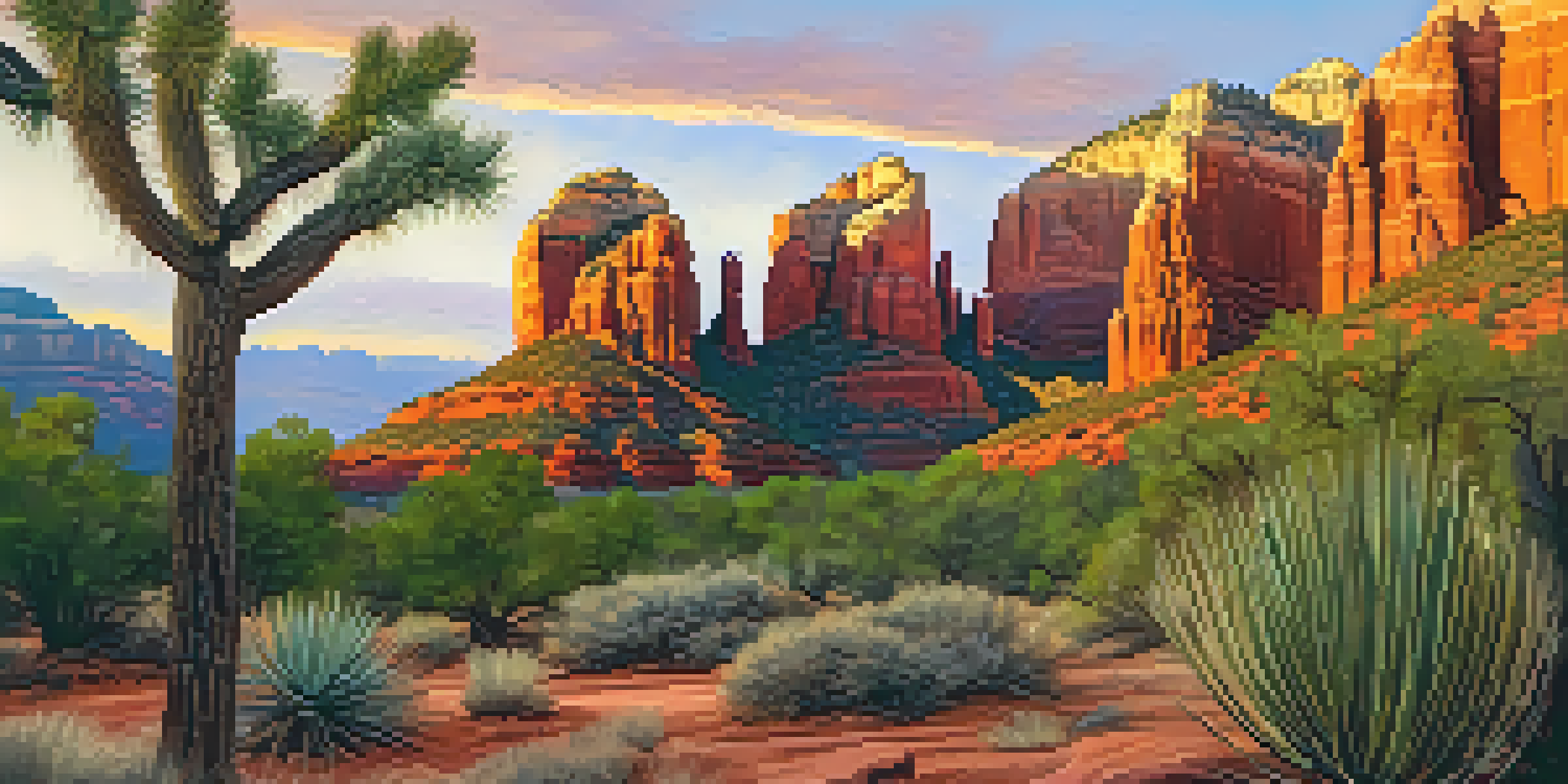 A breathtaking view of Cathedral Rock in Sedona, illuminated by sunrise colors, with a rocky trail and desert plants in the foreground.