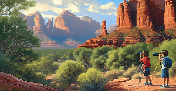 Children at a summer camp in Sedona observing wildlife with binoculars against a backdrop of red rocks and greenery.