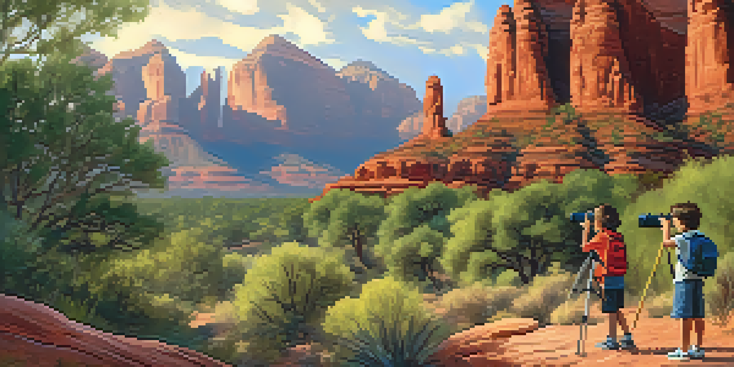 Children at a summer camp in Sedona observing wildlife with binoculars against a backdrop of red rocks and greenery.