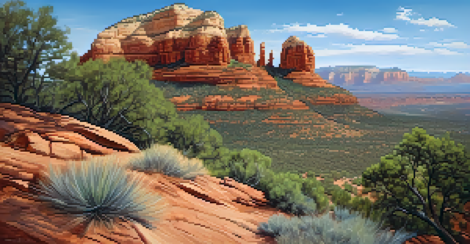 A panoramic view from a hiking trail in Sedona, showing layered rock formations and a clear sky.