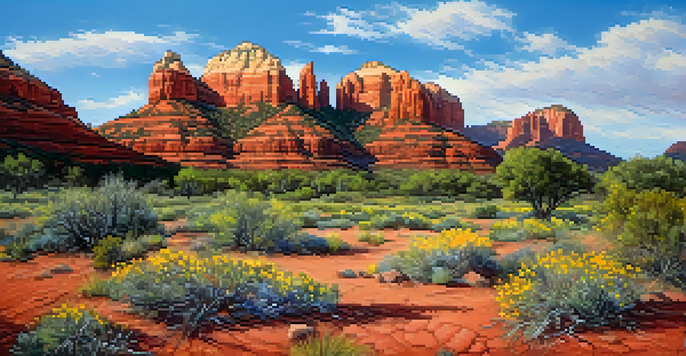 A scenic view of Sedona's red rocks with colorful wildflowers in spring, bright sunlight illuminating the landscape.