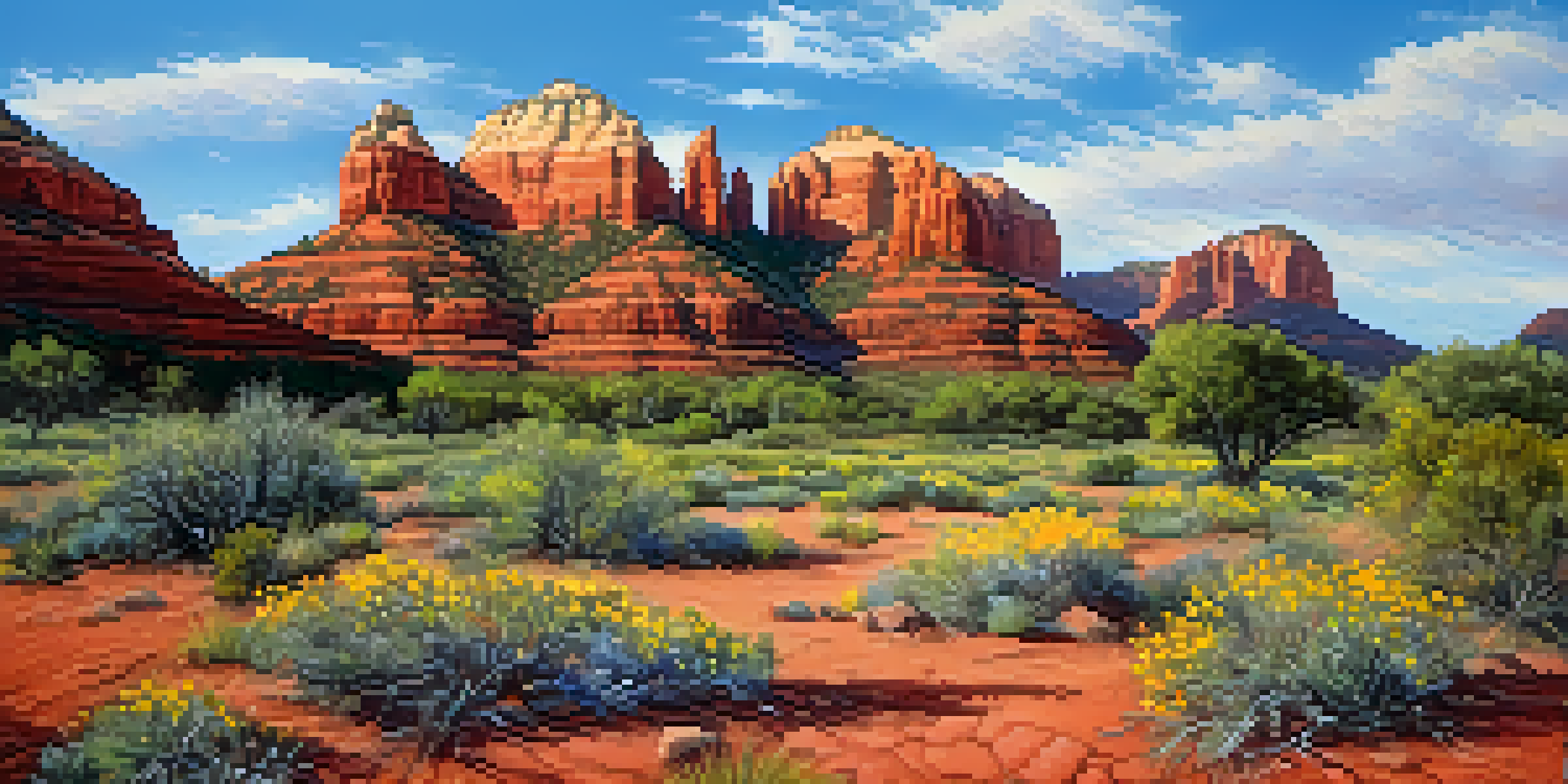A scenic view of Sedona's red rocks with colorful wildflowers in spring, bright sunlight illuminating the landscape.