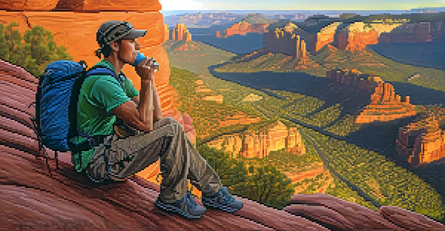 A climber resting on a ledge, sipping from a hydration pack, with the stunning sunset over Sedona's red rock landscape in the background.
