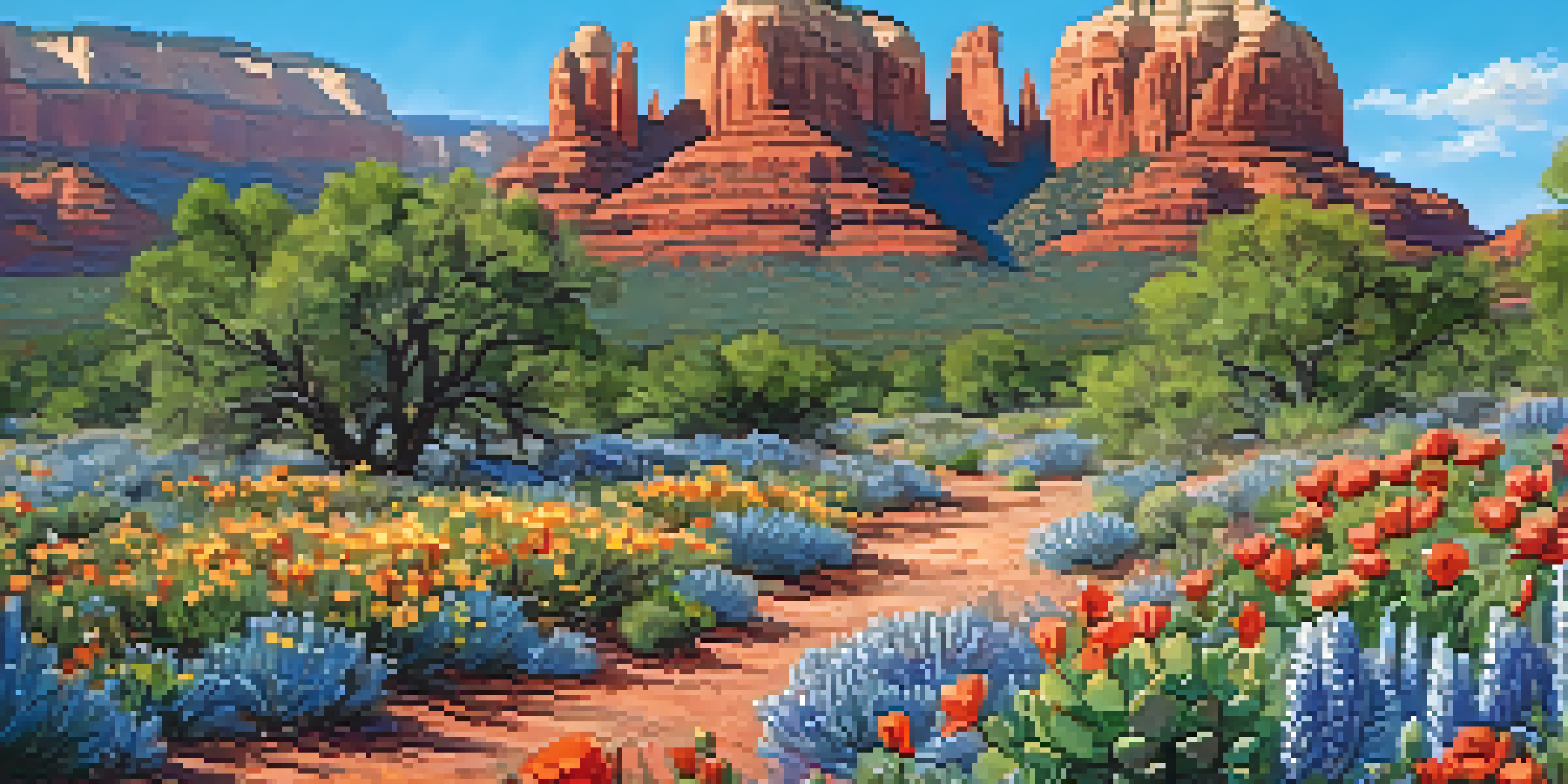 A scenic view of Sedona in spring, with various blooming wildflowers and red rock formations under a sunny blue sky.