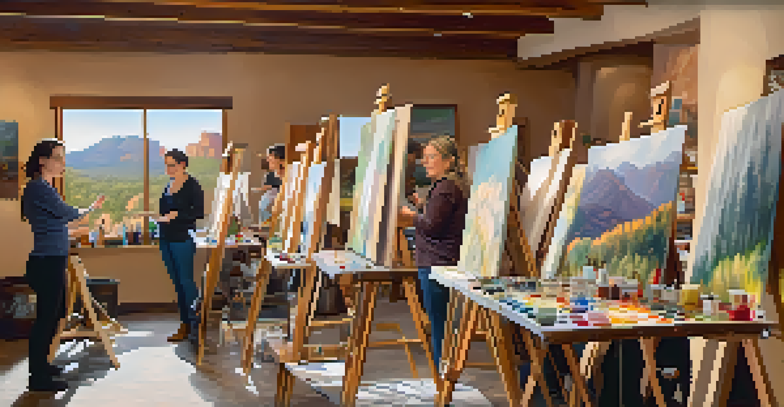 An instructor teaching a painting workshop indoors, with participants focused on their canvases and surrounded by art supplies.