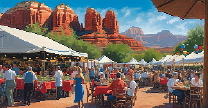 An outdoor festival scene showcasing colorful dishes with red rock formations in the background and guests interacting with chefs.