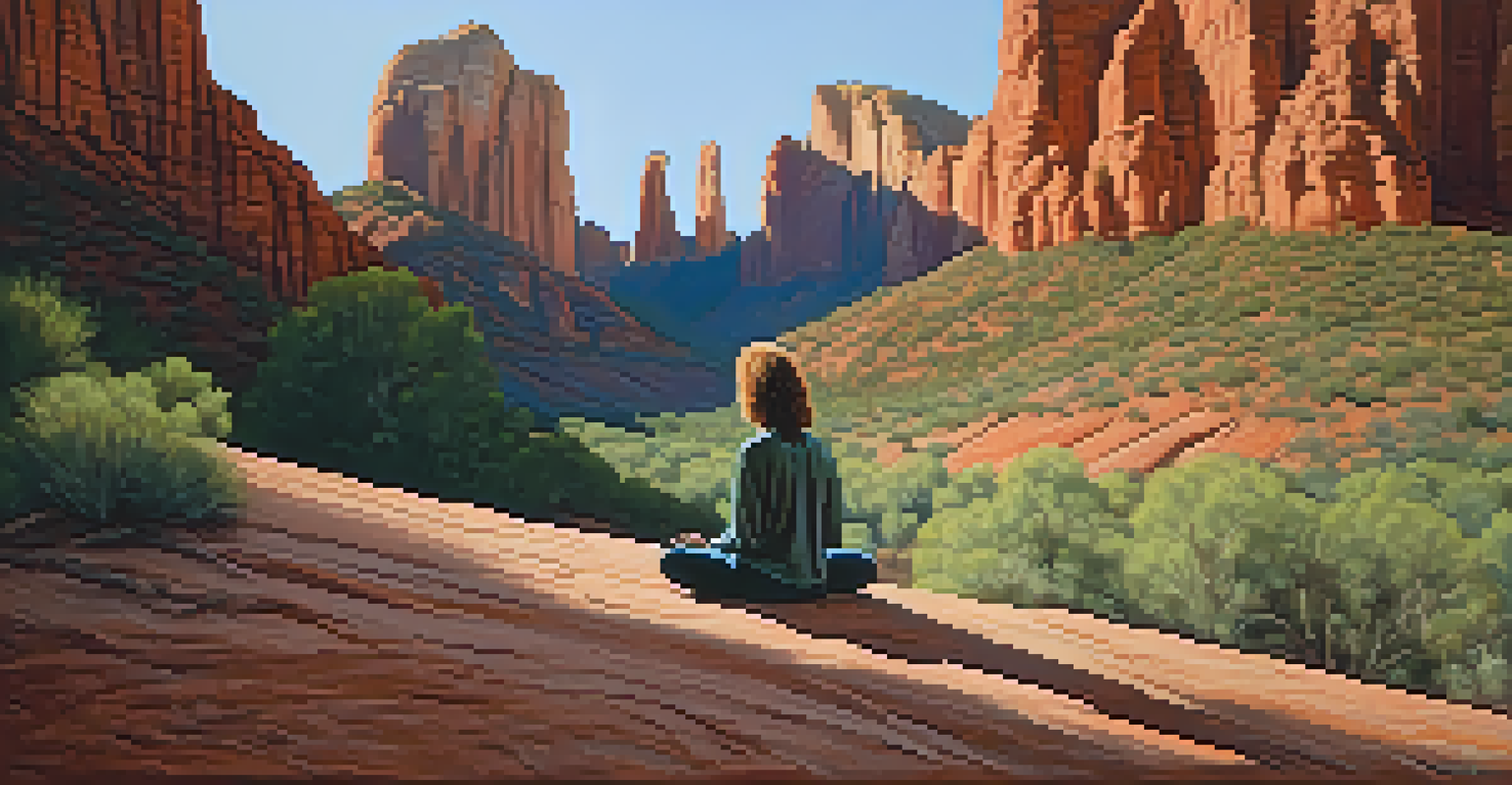 A person meditating at Cathedral Rock, surrounded by red cliffs and dappled sunlight.