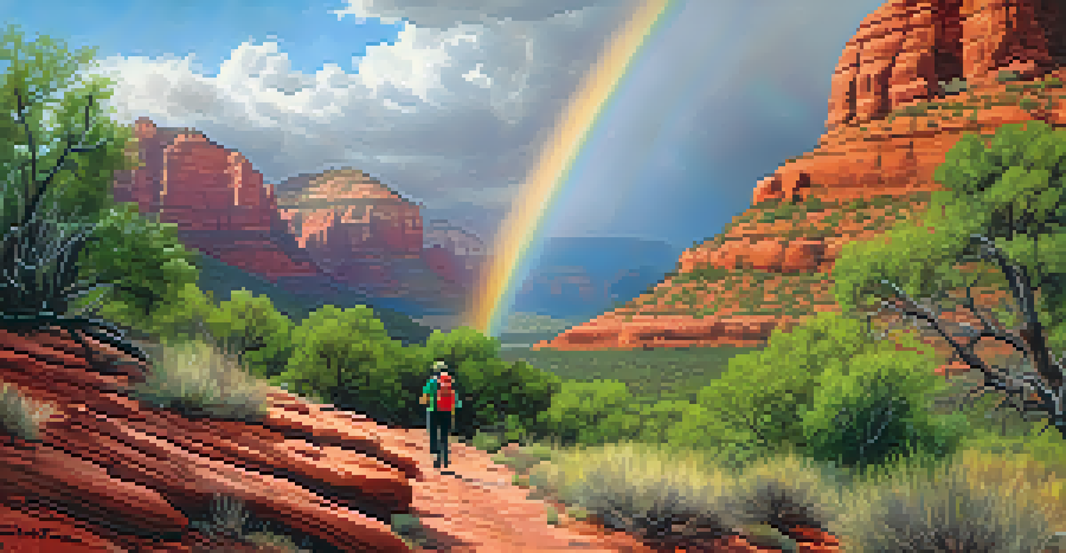 A hiking trail surrounded by red rocks and green plants, with a rainbow in the sky and a hiker in the distance.