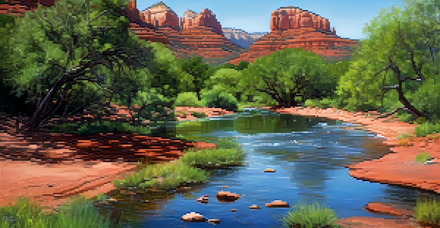 A clear view of Oak Creek in Sedona, showcasing a pristine landscape with vibrant wildflowers and red rock formations after a clean-up event.