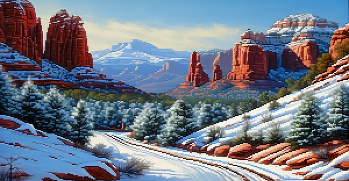 A picturesque winter landscape in Sedona with red rocks covered in snow and a clear blue sky.
