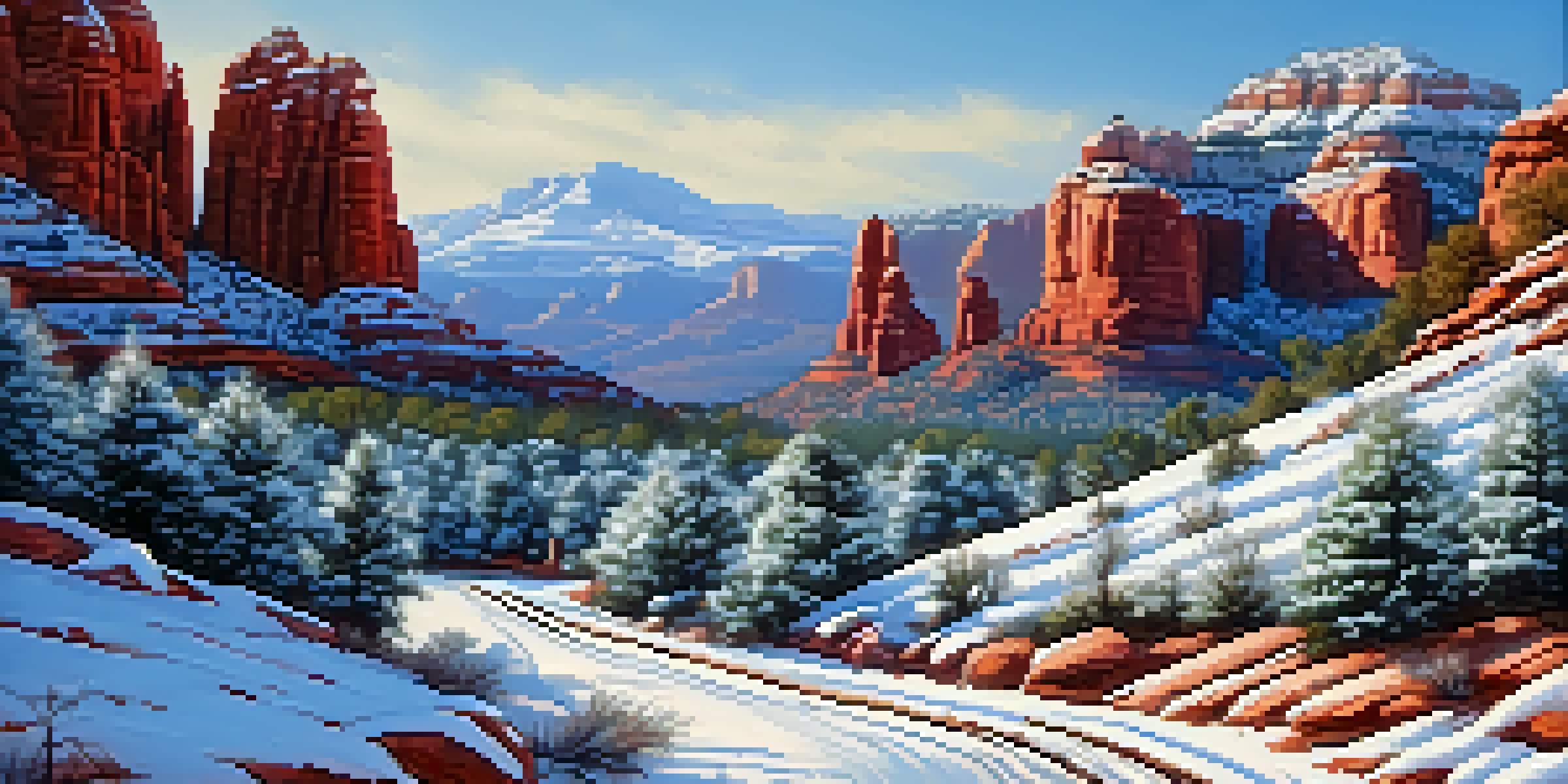 A picturesque winter landscape in Sedona with red rocks covered in snow and a clear blue sky.