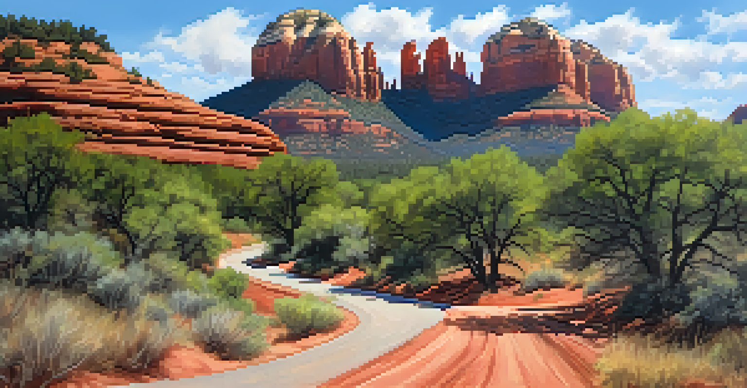 A scenic view along Schnebly Hill Road featuring forests and red rock formations.