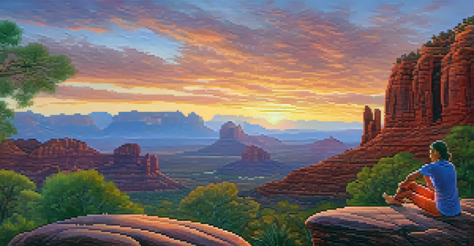 A person practicing yoga at sunset on red rocks in Sedona, Arizona, with vibrant colors in the sky.