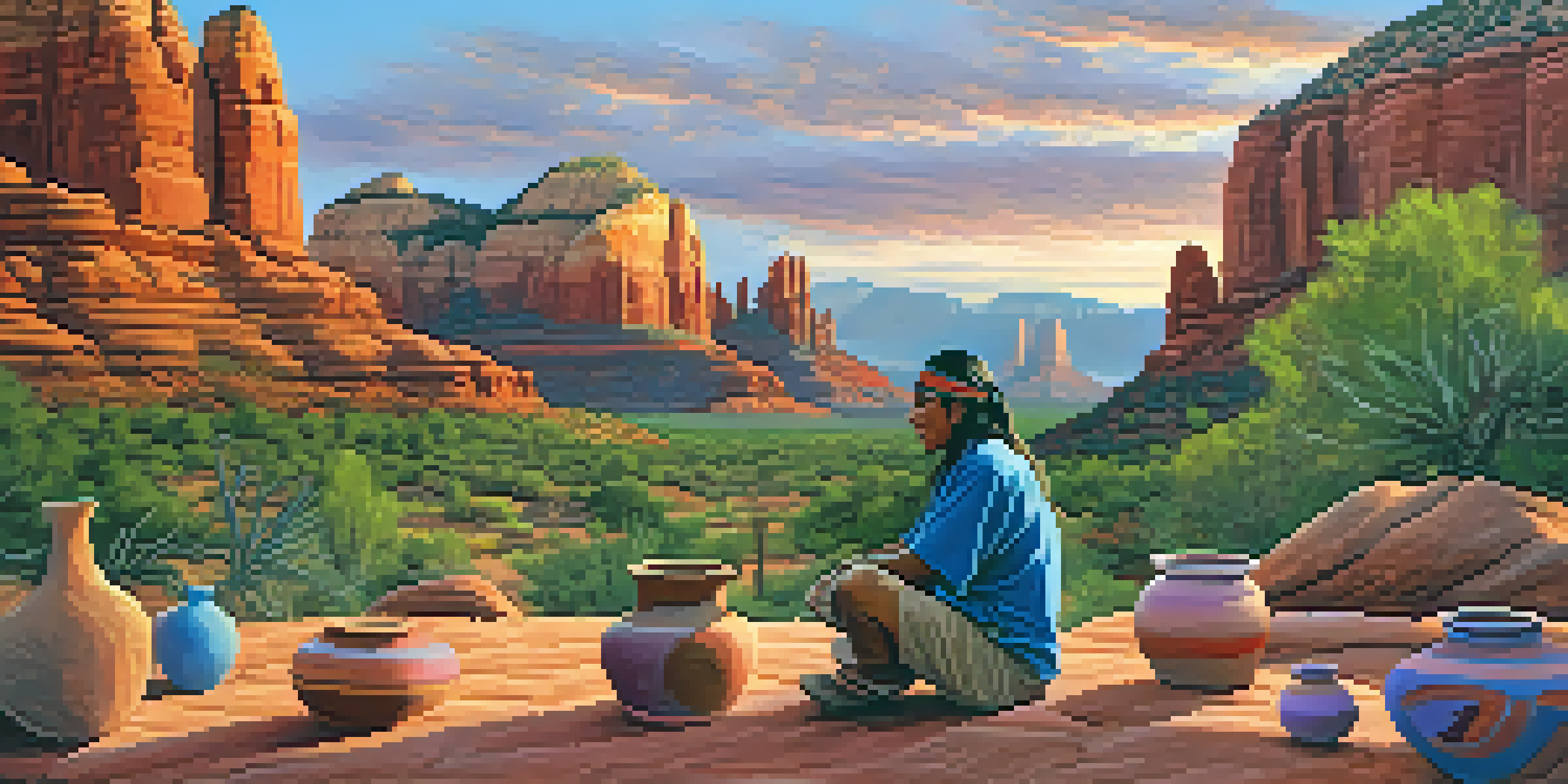 A Native American artist working on pottery in front of Sedona's red rock formations at sunset, with vibrant sky colors.