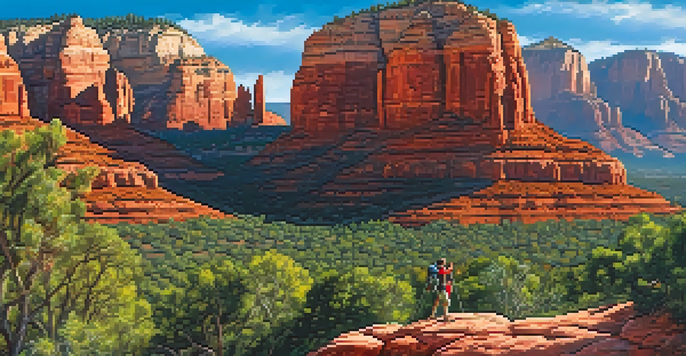 A rock climber ascending a red cliff in Sedona, surrounded by lush green landscapes and a clear blue sky.