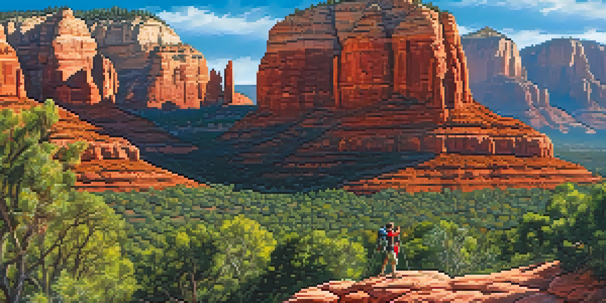 A rock climber ascending a red cliff in Sedona, surrounded by lush green landscapes and a clear blue sky.