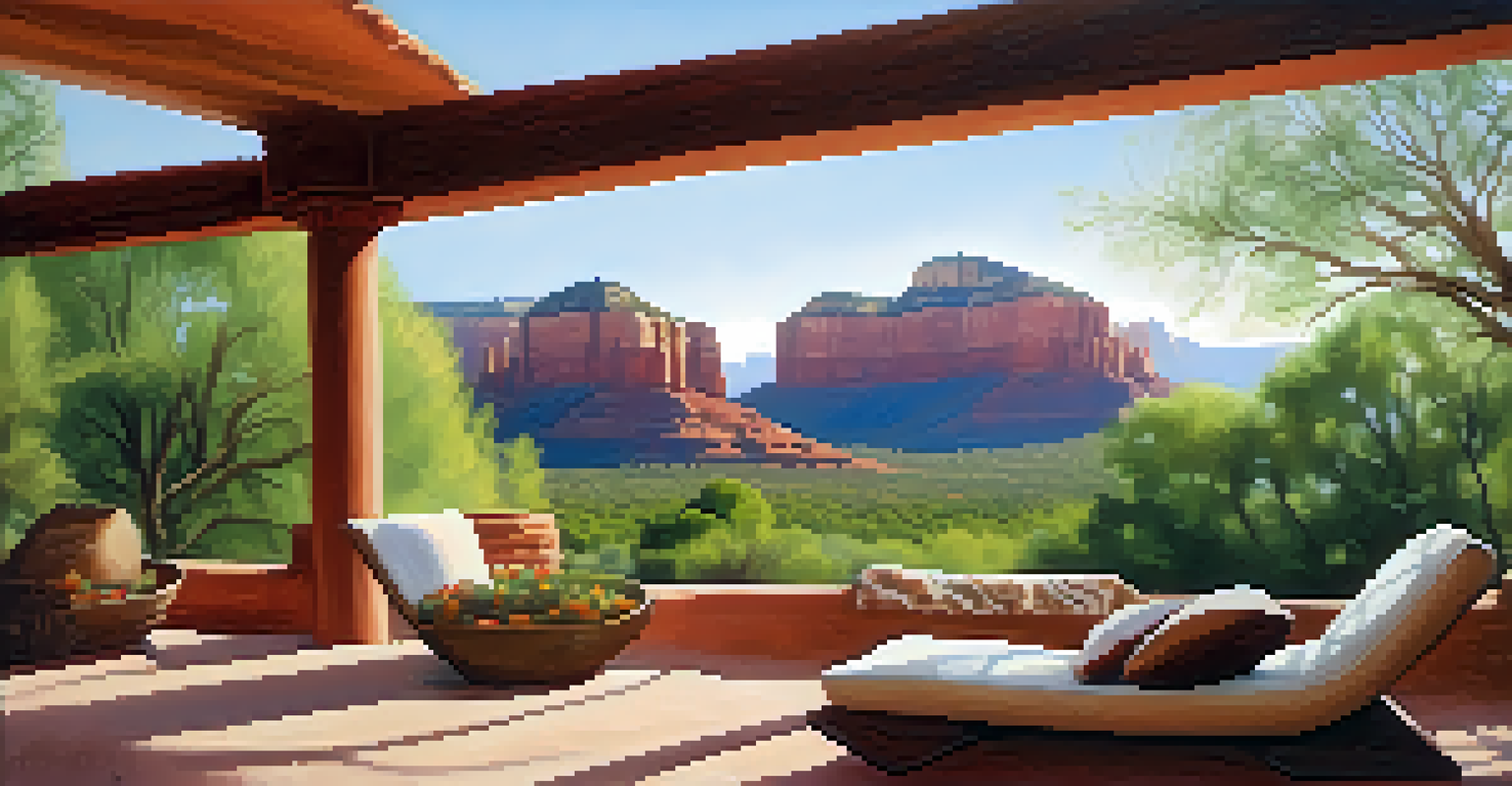 A peaceful outdoor meditation area in Sedona, set against stunning red rock formations and surrounded by nature.