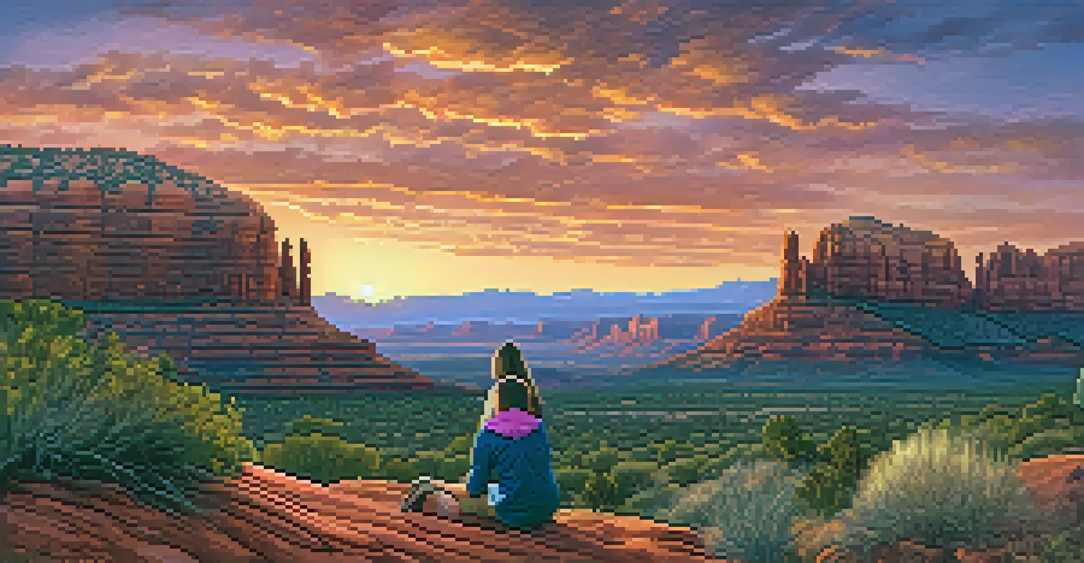 A family hiking at Airport Mesa during sunset, with a stunning view of the sky transitioning from day to night.