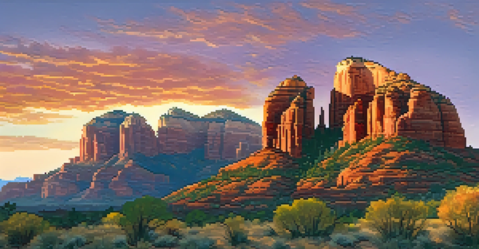 A scenic view of Cathedral Rock in Sedona at sunset with vibrant colors in the sky and red rock formations in the foreground.