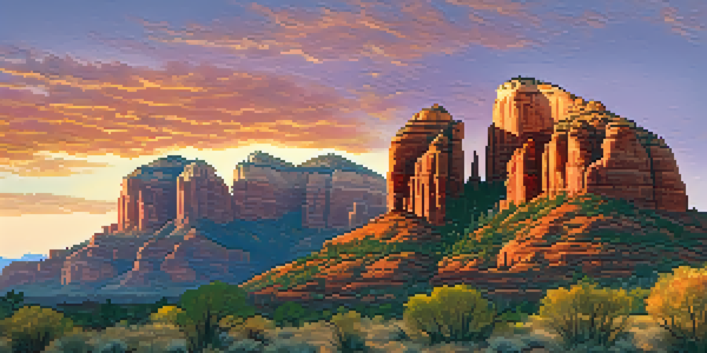 A scenic view of Cathedral Rock in Sedona at sunset with vibrant colors in the sky and red rock formations in the foreground.