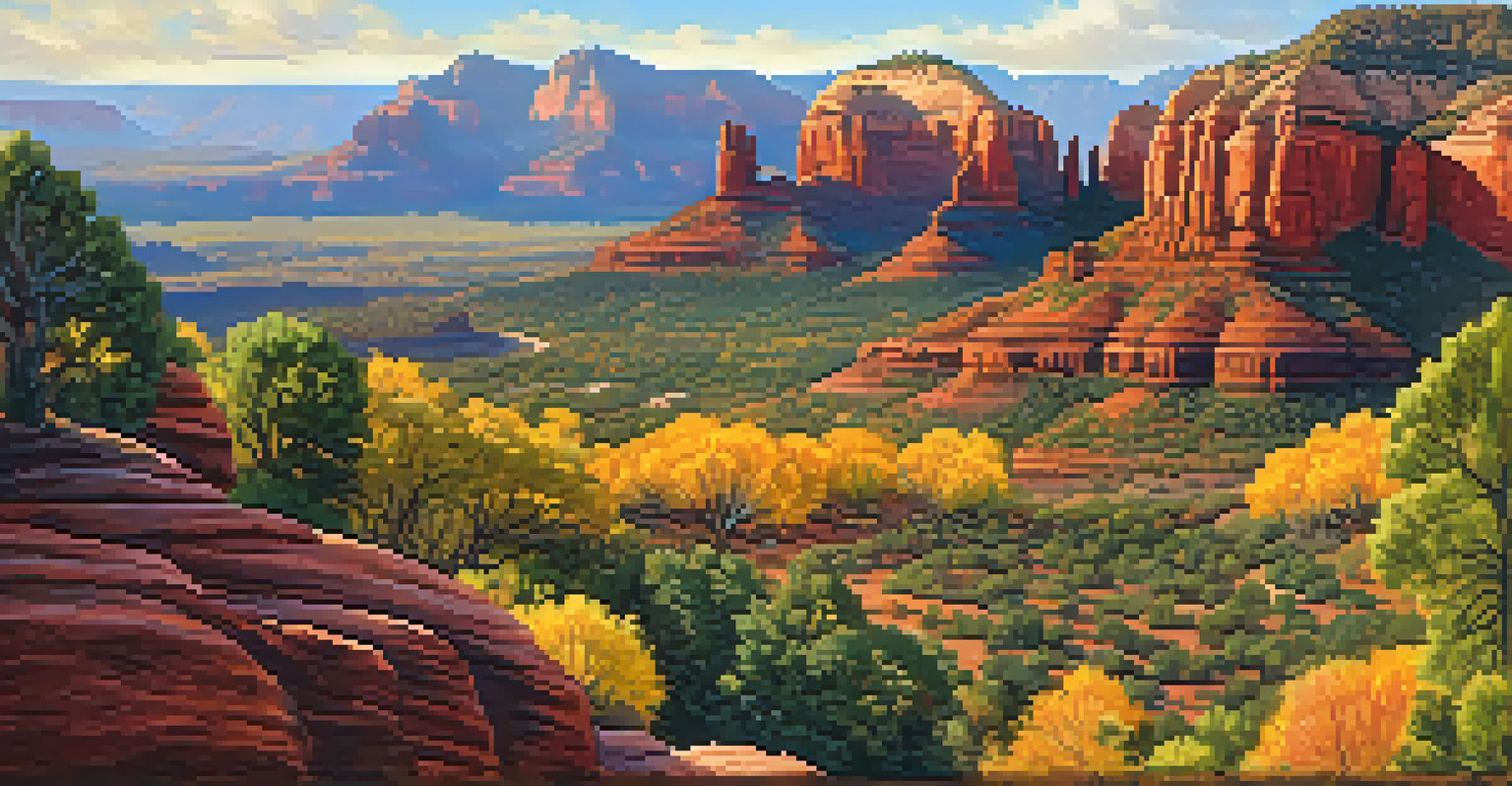 Aerial view of Sedona's landscape in autumn with vibrant foliage and red rock formations.