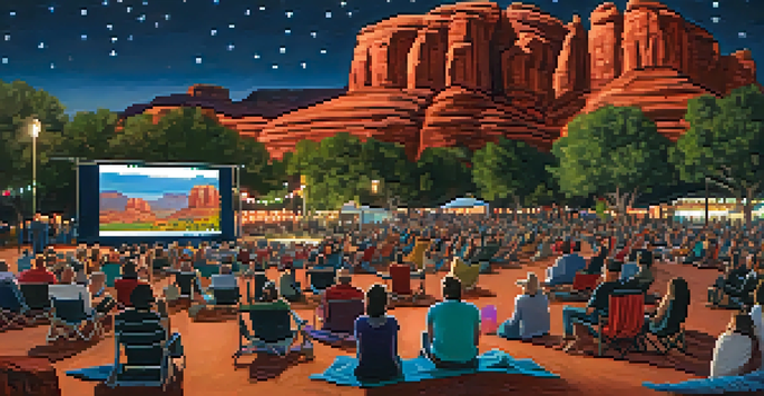 An outdoor film screening at the Sedona International Film Festival with a diverse audience and illuminated red rock formations in the background.