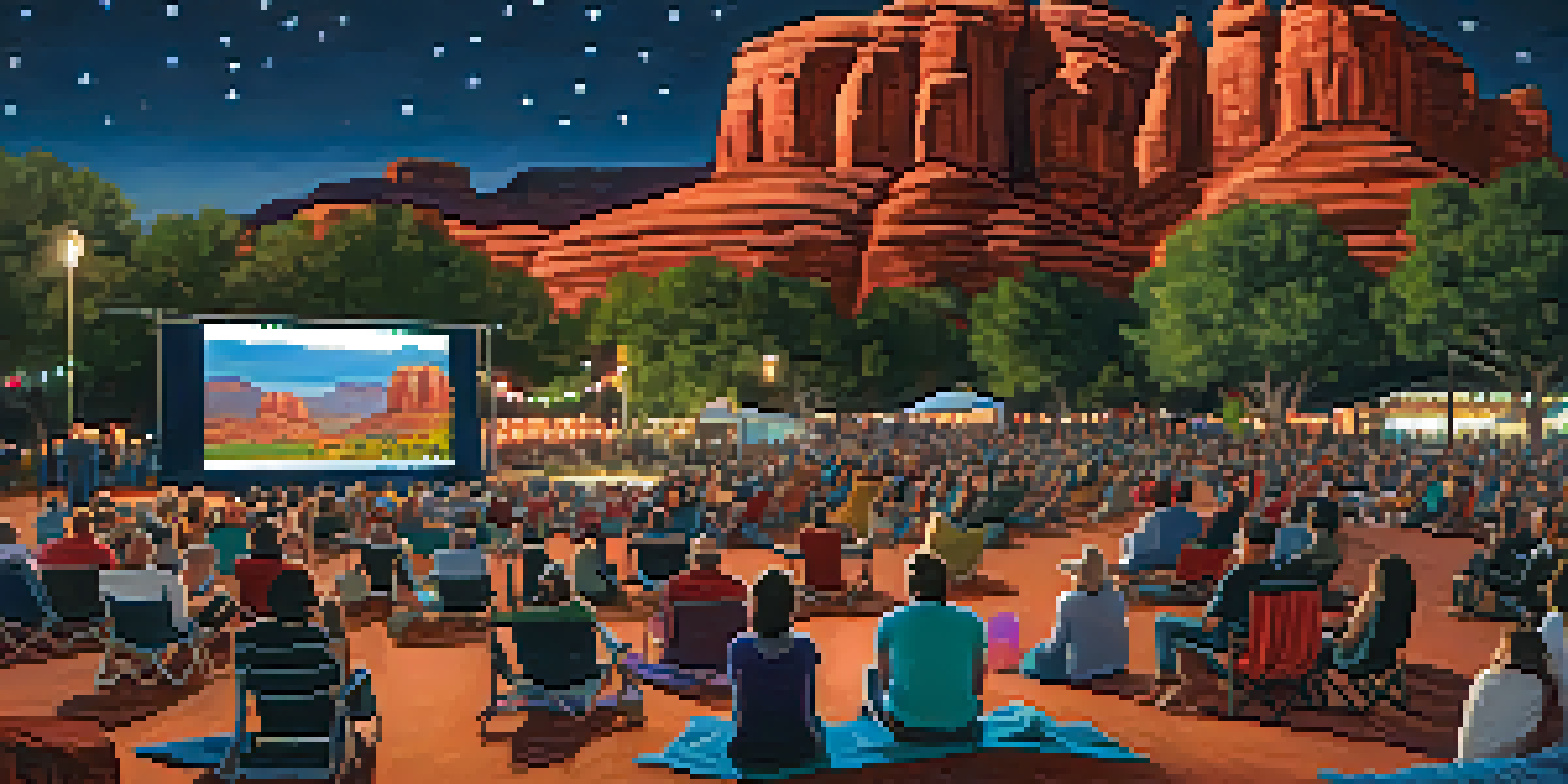 An outdoor film screening at the Sedona International Film Festival with a diverse audience and illuminated red rock formations in the background.