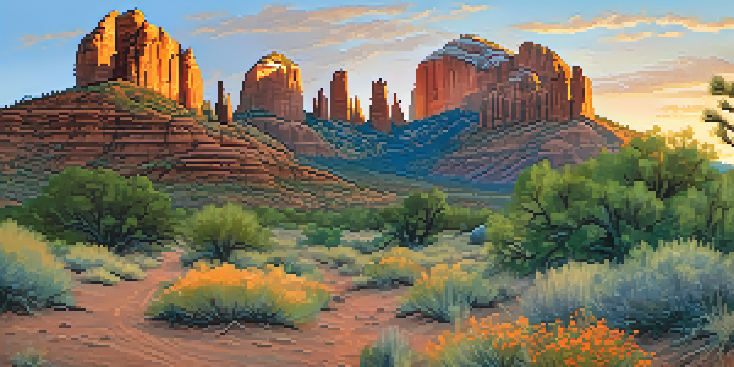 A breathtaking sunrise view of Cathedral Rock, with warm colors illuminating the towering red rock spires and a hiking trail in the foreground.