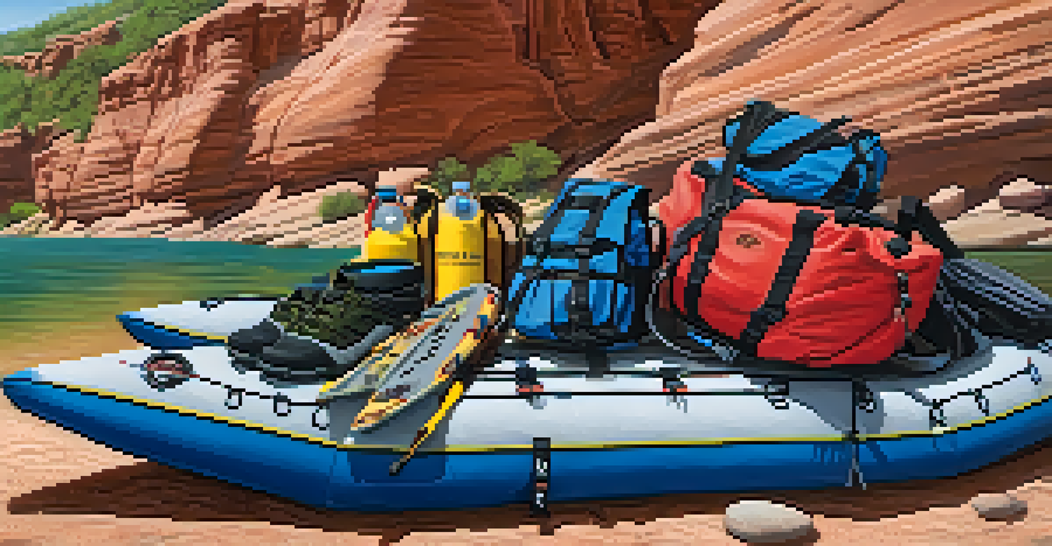 Rafting gear on a riverbank, including life jackets and paddles, with the Verde River and cliffs in the background.