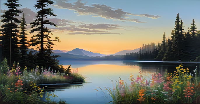 A peaceful sunrise landscape with a lake reflecting the colorful sky, surrounded by wildflowers and tall pine trees.