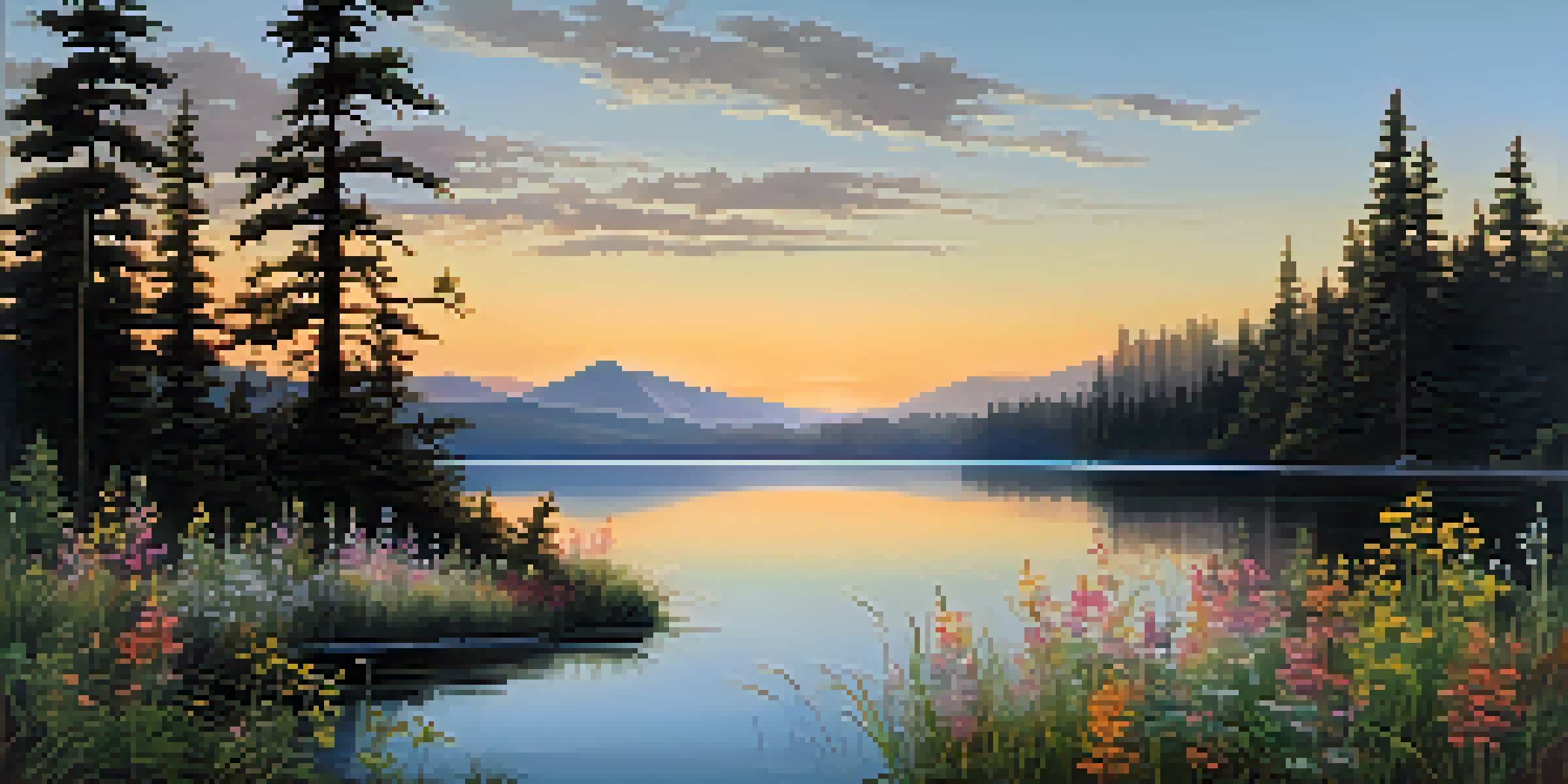 A peaceful sunrise landscape with a lake reflecting the colorful sky, surrounded by wildflowers and tall pine trees.