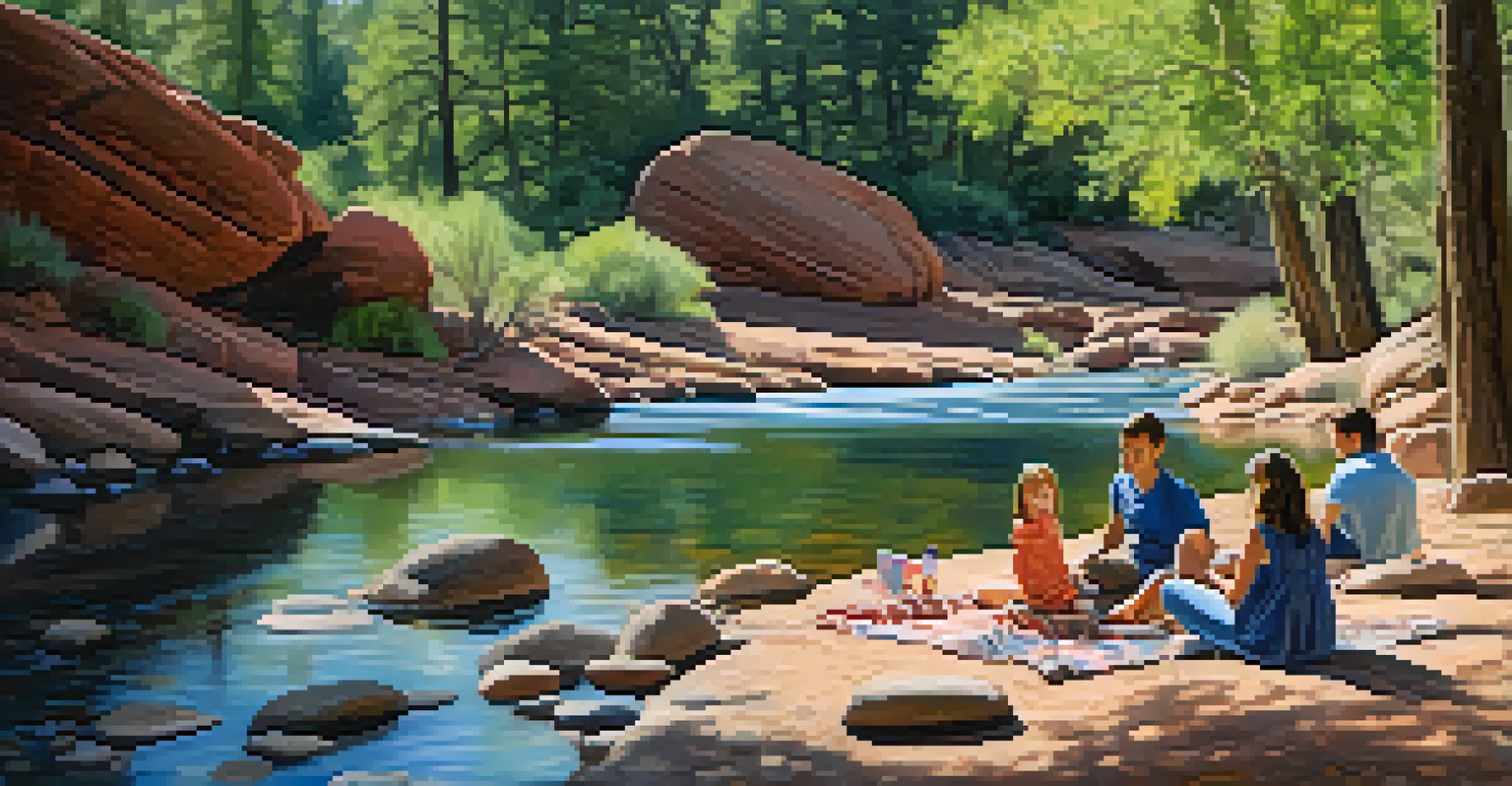 A family enjoying a picnic by a serene creek, surrounded by trees and red rock scenery.