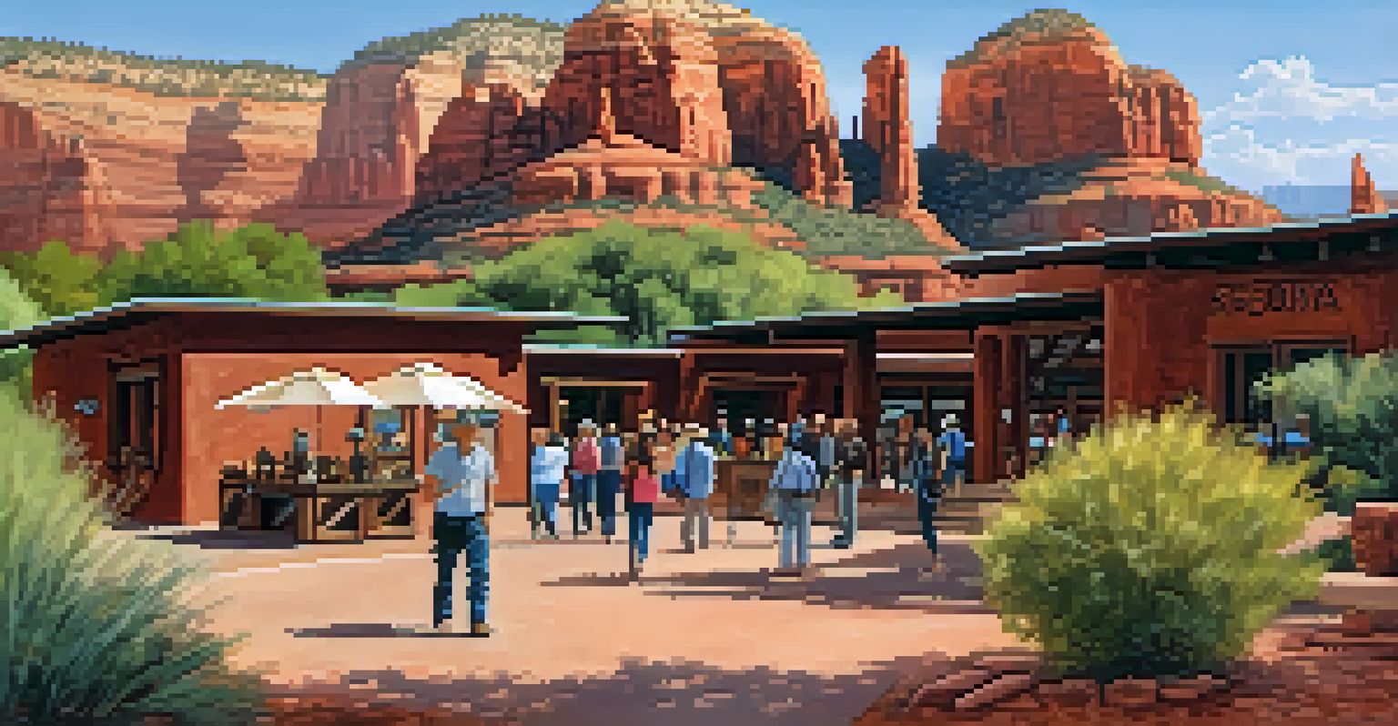 The Sedona Heritage Museum surrounded by red rock formations and greenery, with visitors exploring the area.