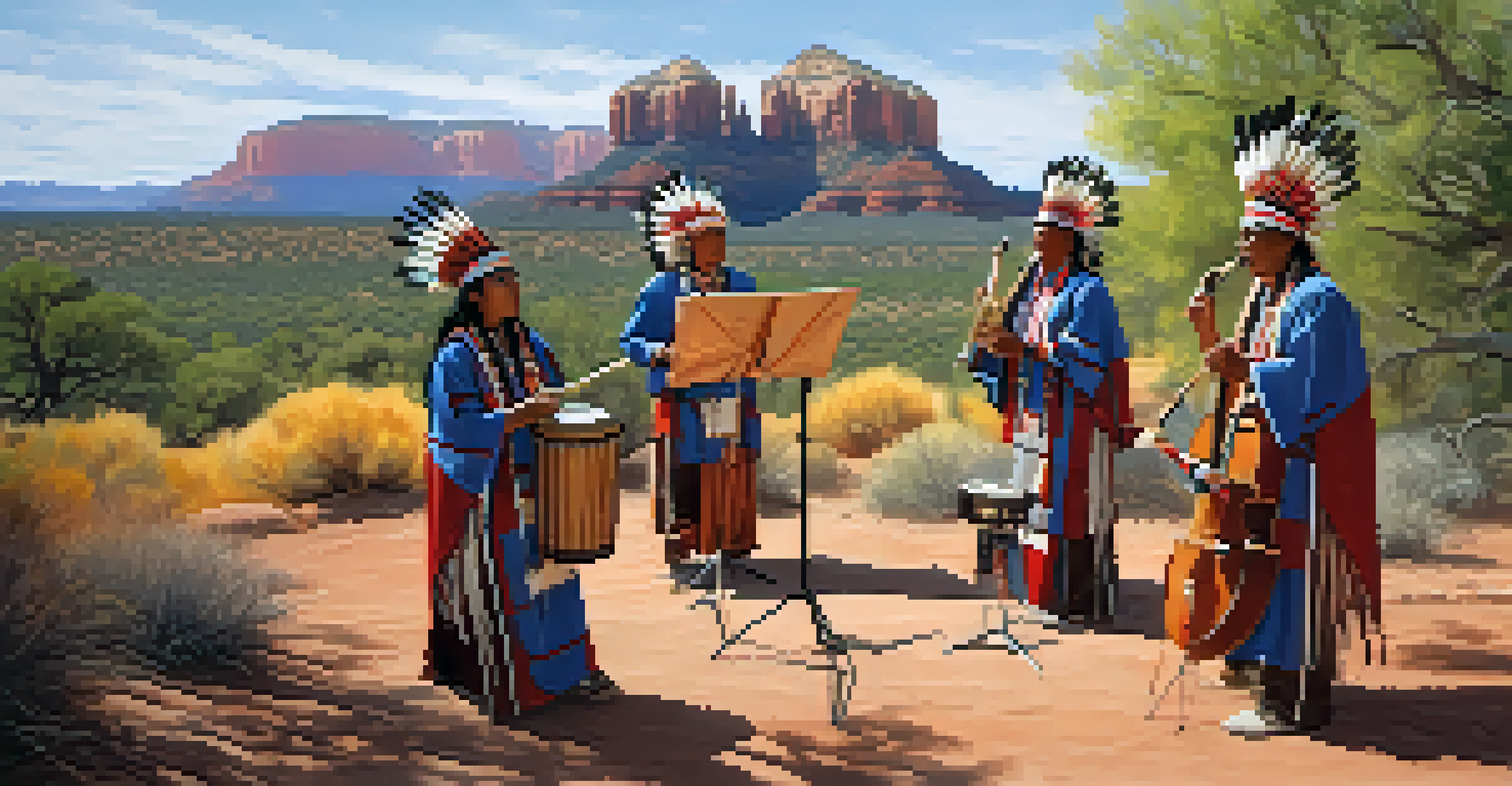 Musicians performing with traditional Native American instruments in a natural outdoor setting in Sedona, showcasing a blend of contemporary and traditional music.