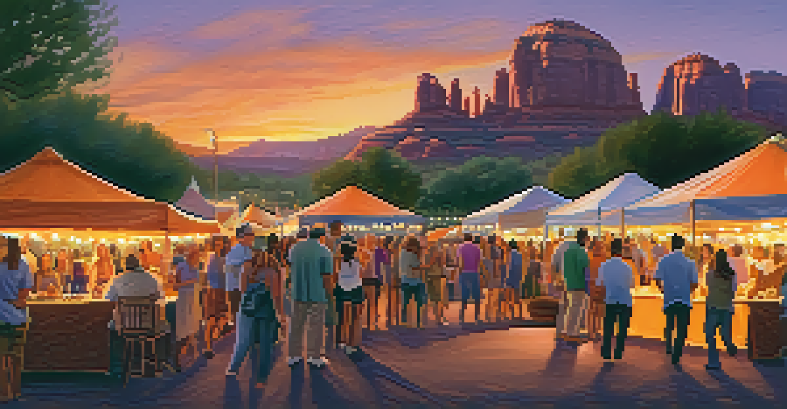 A community gathering at a Sedona music festival during sunset, with families dancing and food stalls around.