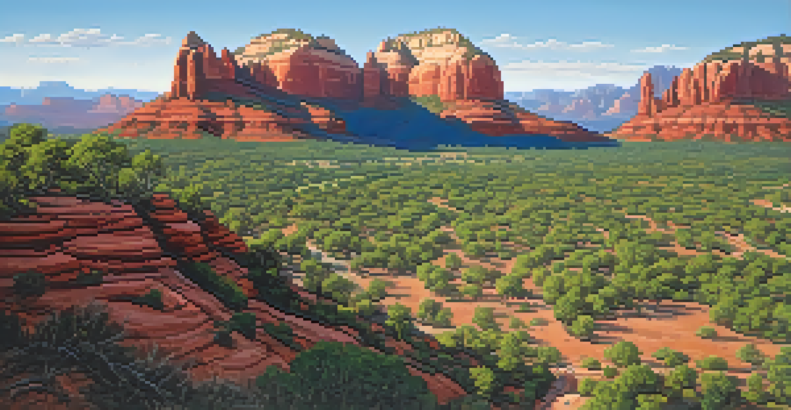 An aerial view of Sedona showing red rock formations, green trees, and hikers on a trail leading to Bell Rock under a blue sky.