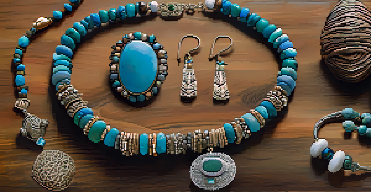 A close-up view of handmade jewelry with colorful stones displayed on a wooden table.