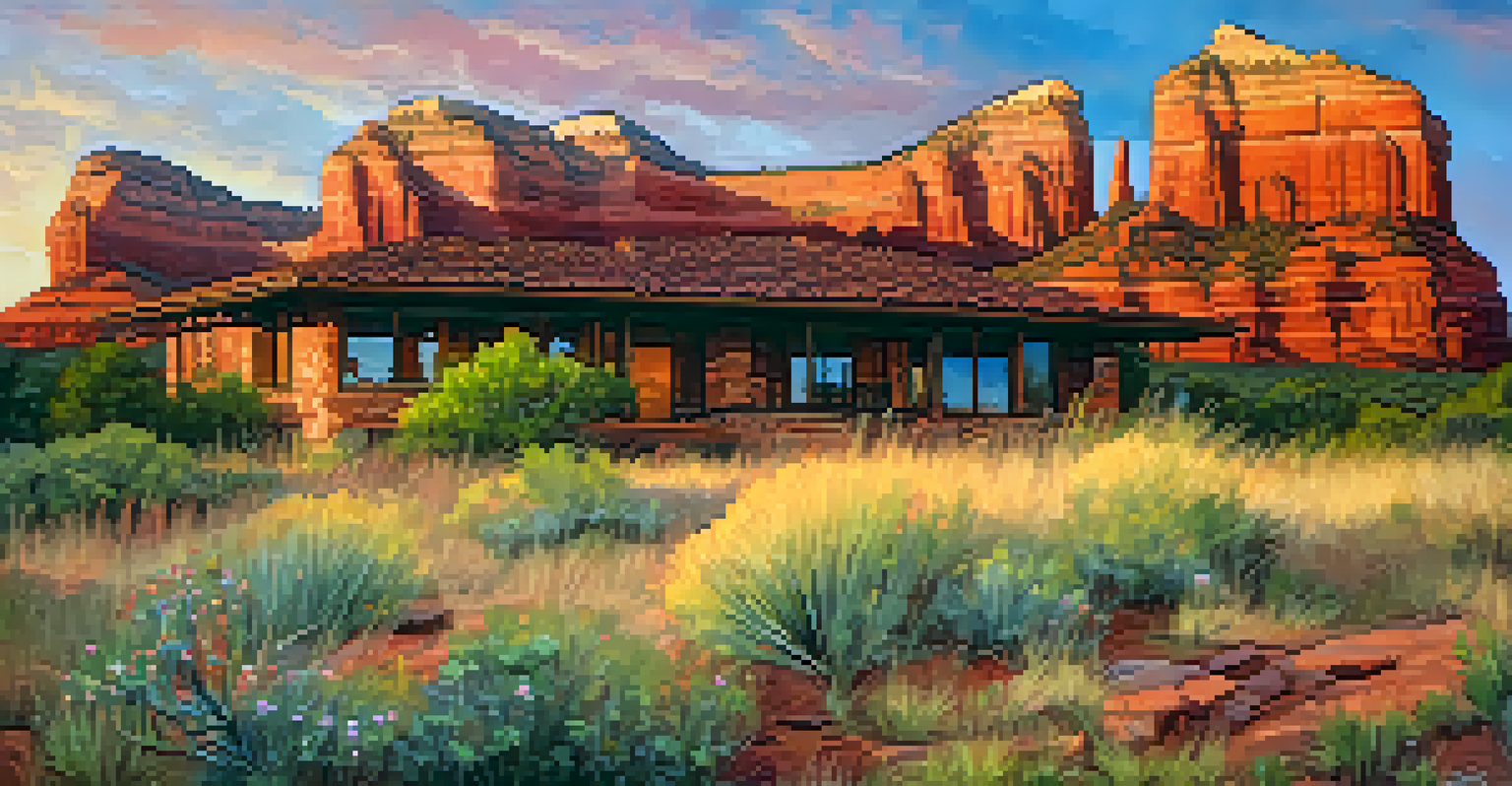 An abandoned lodge in red rock landscape at sunset with wildflowers and broken windows.