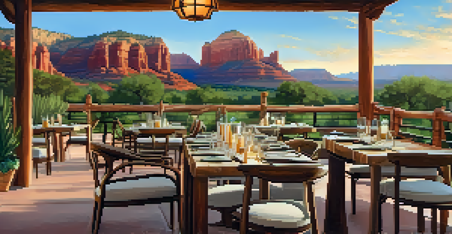 An outdoor dining area at an eco-friendly hotel in Sedona with a table of locally-sourced food, set against a backdrop of red rock cliffs at sunset.