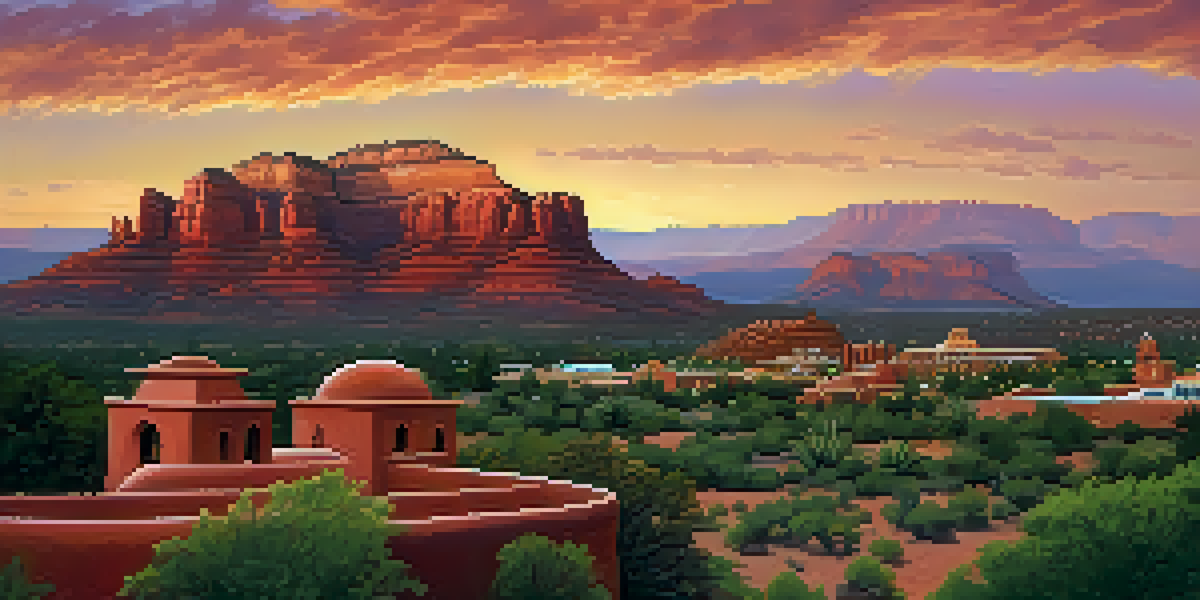 A picturesque sunset view of Sedona with red rock formations and adobe-style buildings, surrounded by greenery.