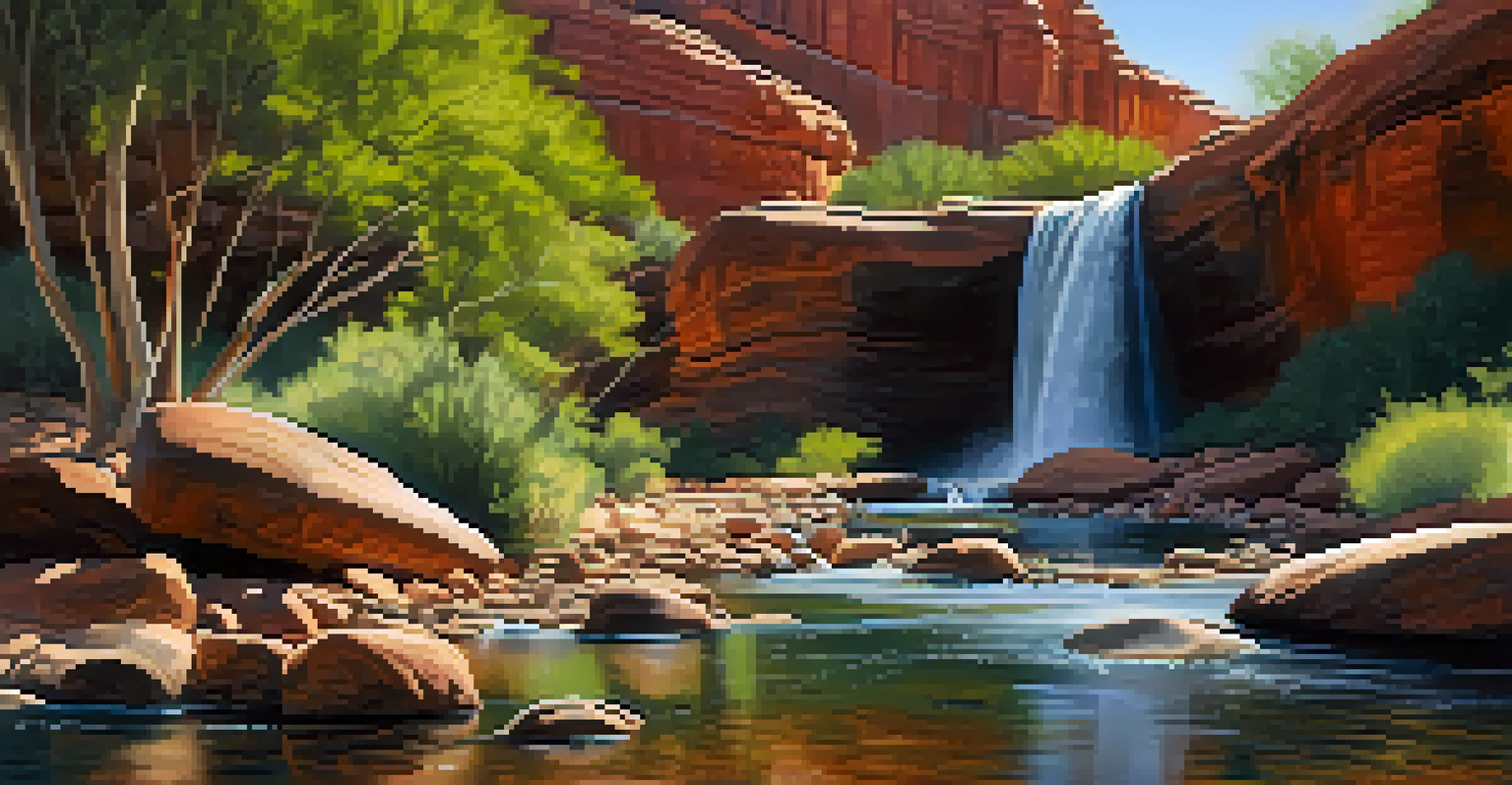 A serene view of a crystal-clear stream in Sedona, surrounded by lush greenery and rock formations.