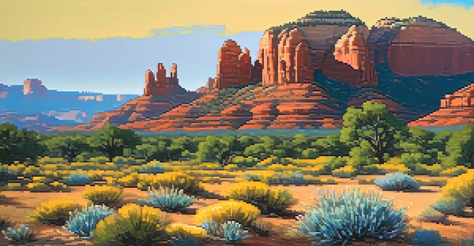 A beautiful sunset over Sedona's red rock formations, with colorful wildflowers in the foreground.