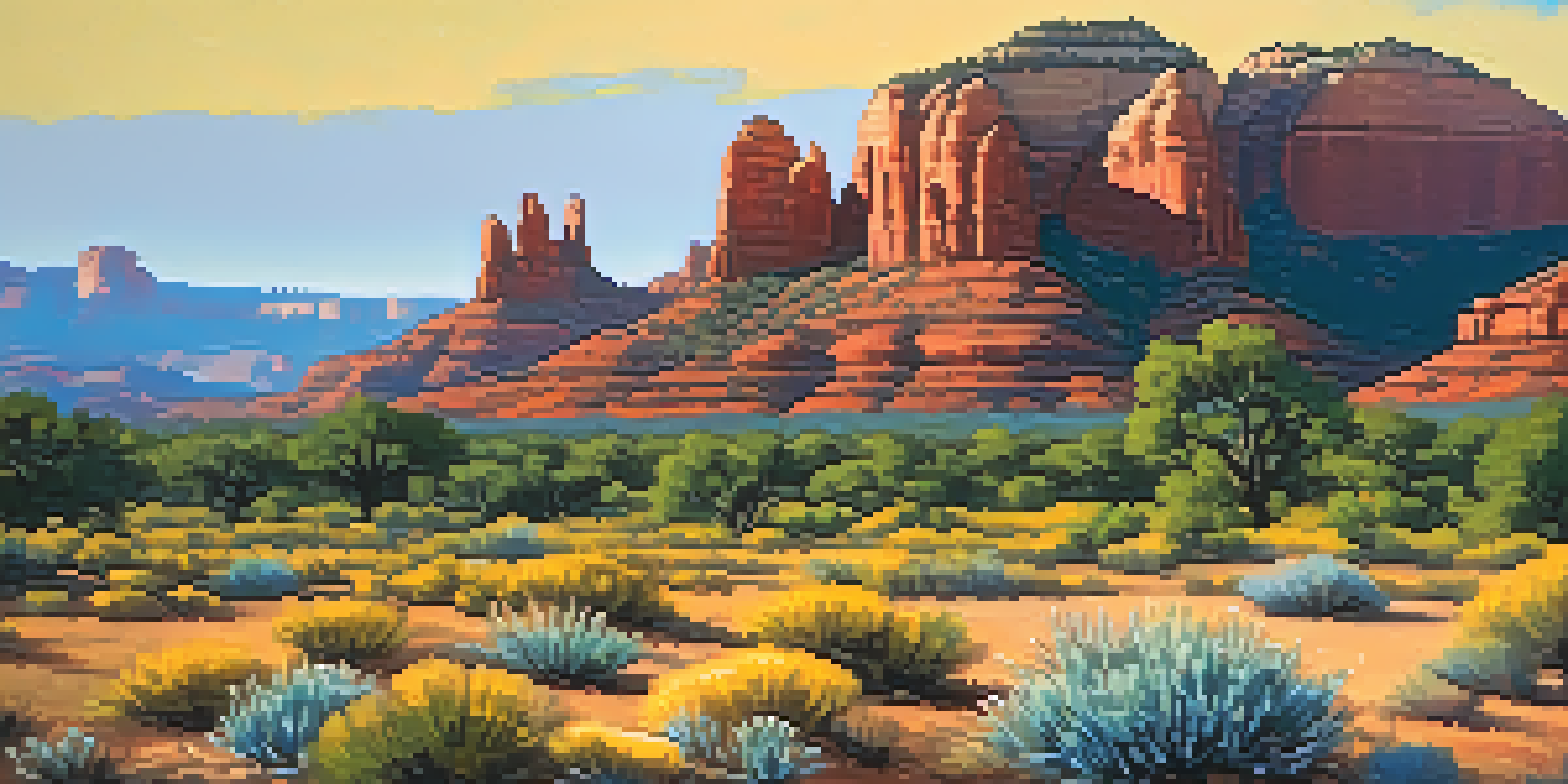 A beautiful sunset over Sedona's red rock formations, with colorful wildflowers in the foreground.