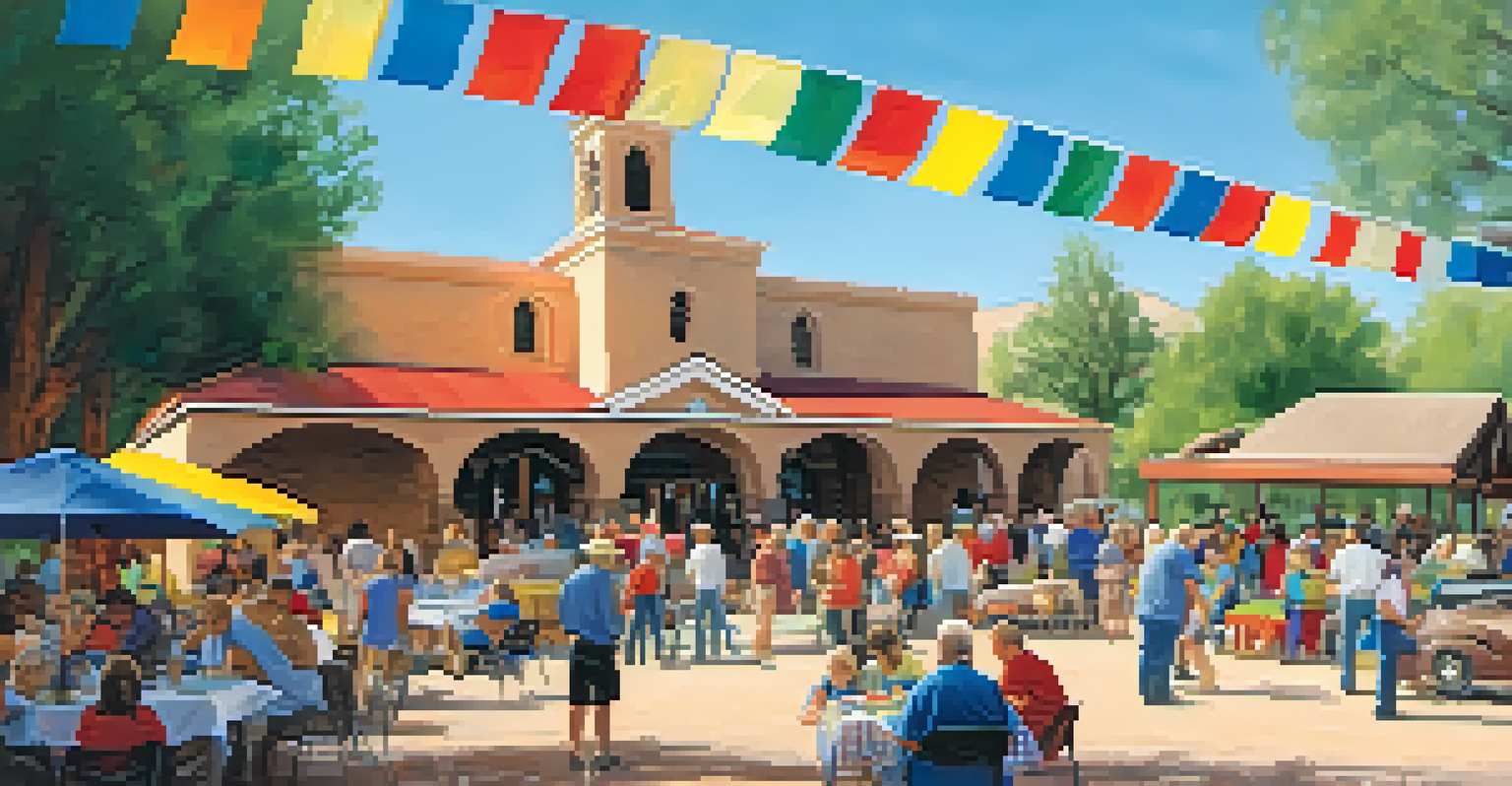 A community event outside the Historic Sedona Methodist Church, featuring families and vendors, showcasing local crafts and food in a lively atmosphere.