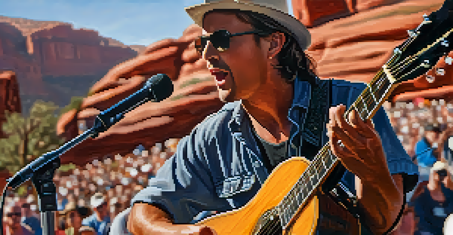 A local artist passionately playing an acoustic guitar at a Sedona music festival, with audience members in the background enjoying the performance.