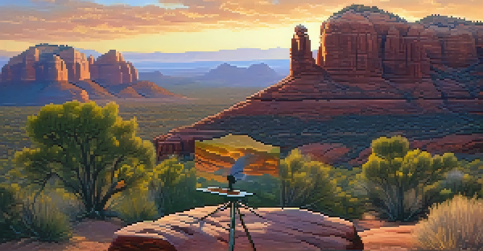 A scenic view of red rock formations in Sedona during sunset, with an artist's easel in the foreground.